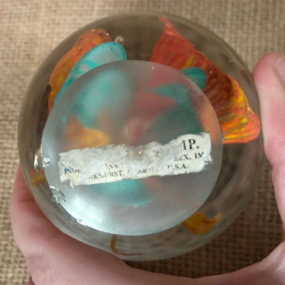 Vintage Orange Flower Art Glass Paperweight Round Dome Tropical Beach Boho